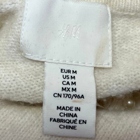 H&M Cream Pearl Beaded Studded Rhinestone Long Sleeve Collar Sweater Top Size M - Picture 4 of 5